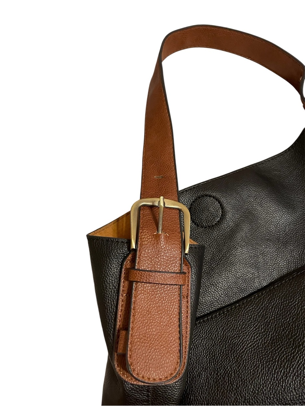 Women's Black Leather Bag w/brown strap and interior. 12”L X 16W. NWOT. - Picture 4 of 6